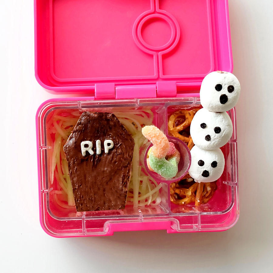 Halloween Lunchbox Ideas: Coffin and Ghosts Graveyard Bento Food Art inside Yumbox