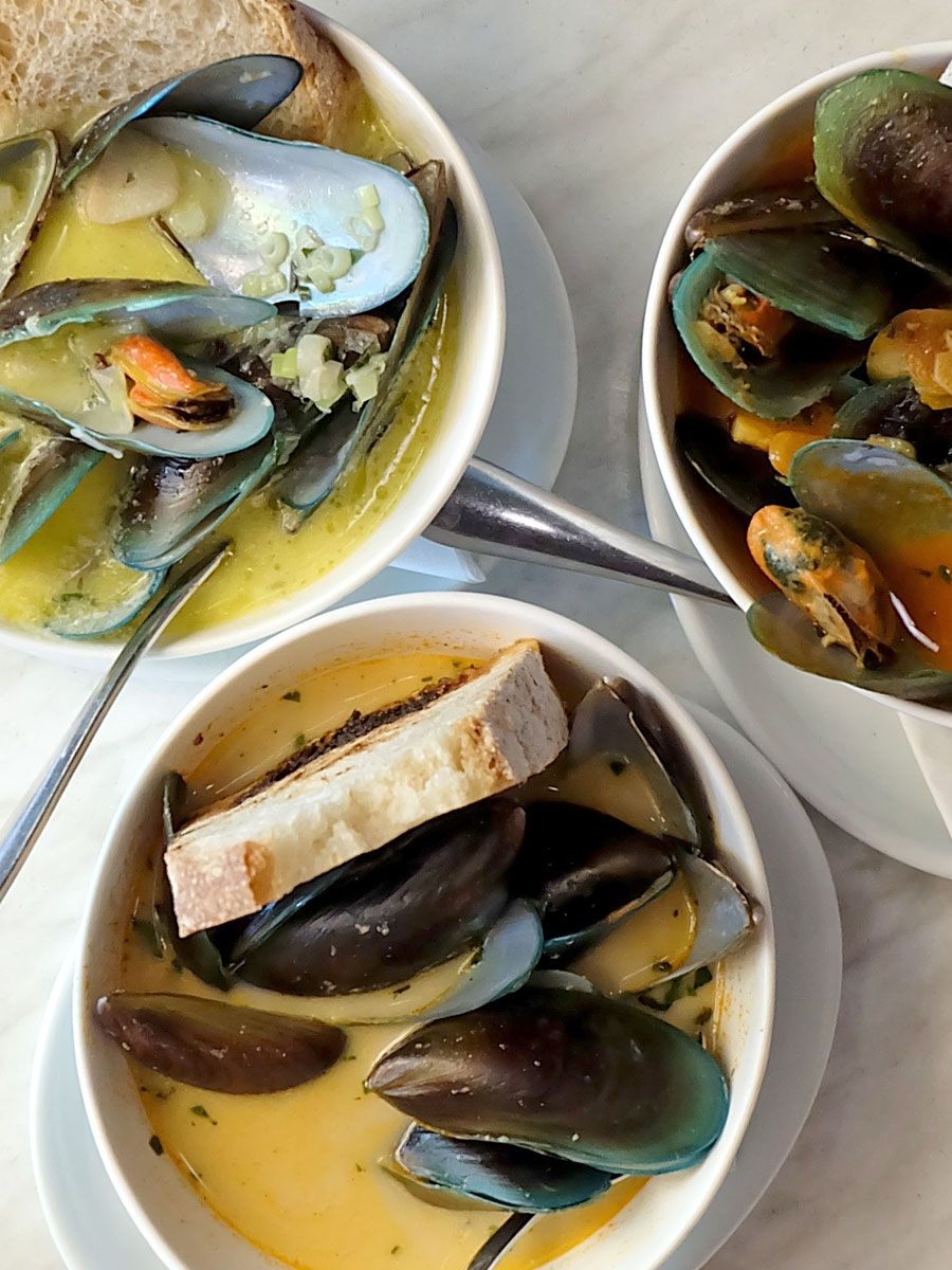 Happy Lunch at CDP Global Table: Mussels in Taragon Cream, Tomato Clam Broth and Curry